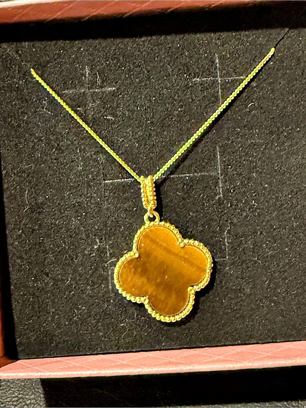Clover Pendant Necklace in 18k Gold Plating & Tiger Eye Stone